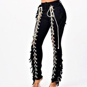 Loverly Fit Black With Cream Lace up And Primitive Fringe Style Pant Siz…